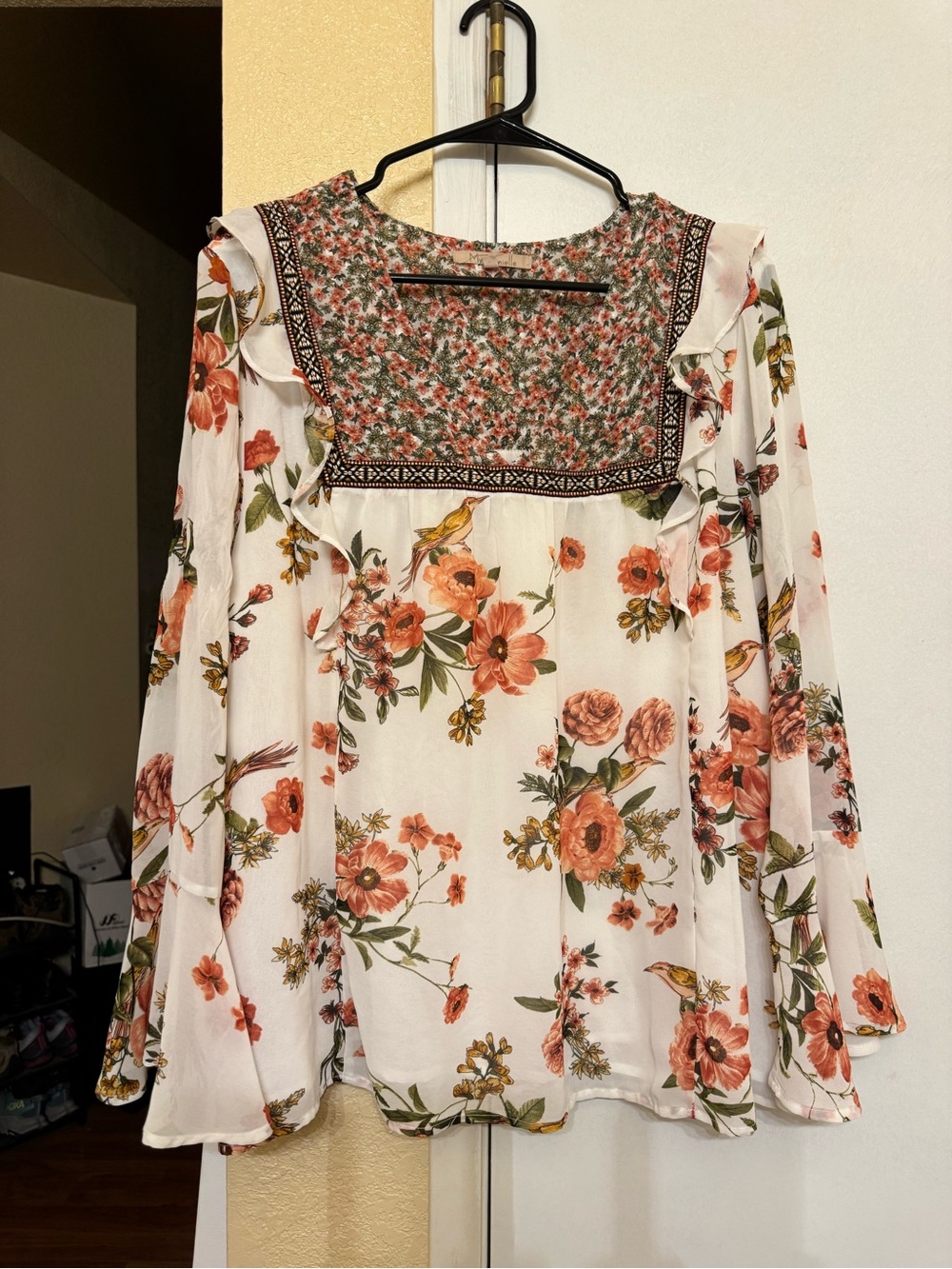 Floral Square-Yoke Peasant Tunic Top - White with Rust Floral